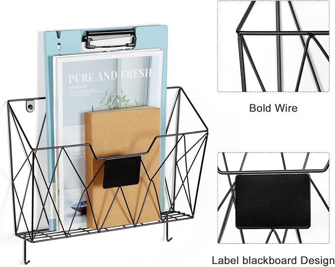 Wall File Organizer, 3 Pack Metal Wall Basket File Holder for Home Office | Vertical Hanging File Organizer, Mail Organizer Wall Mounted Magazine with Label Slot & Hooks, Sorts paper, Mails & Supplies