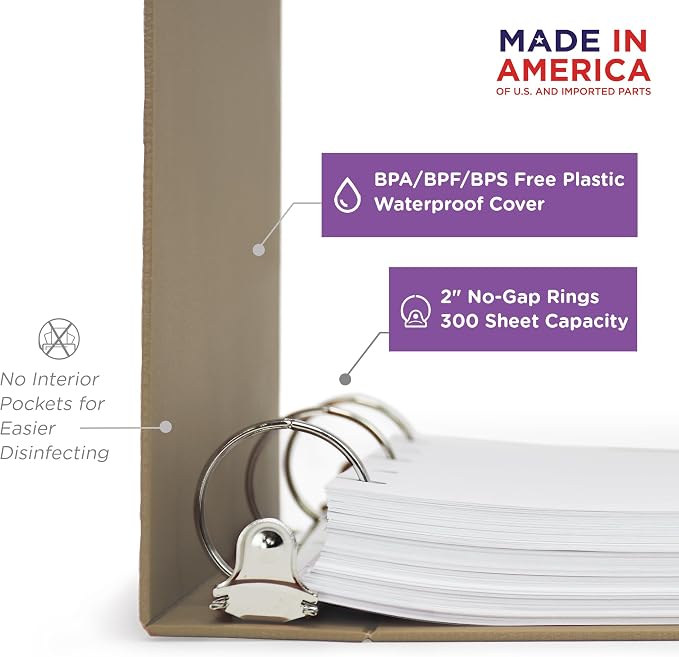 Carstens 2-Inch Heavy Duty 3-Ring Binder - Top Opening, Sand, Durable Plastic, No-Gap Rings, Waterproof Cover, No Pockets, Holds 300 US Letter Sheets, BPA-Free, Made in USA (5875-3R), Case of 16