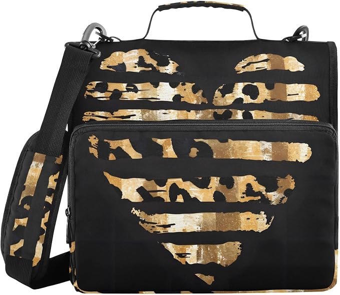 3 Ring Zipper Binder with Shoulder Strap Leopard Skin Golden Heart 1.5 inch Binders Keeper Large Capacity Multi Pockets for School Office Supplies