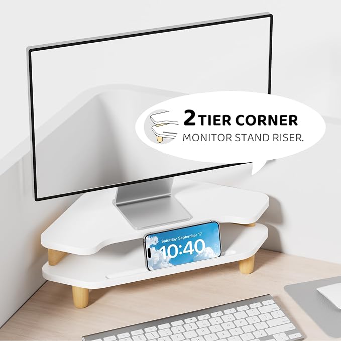 AFOOYO Monitor Stand Riser,2 Tier Corner Wood Sturdy 16.5In Computer Stand, Multi-Purpose Desktop Storage Stand for Laptop,PC,iMac,Printer,Computer,White