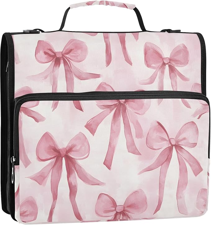 Watercolor Pink Bow Zipper Binder 3 Ring Binder with Shoulder Strap 500 Sheet Capacity Storage Organizer File Folder