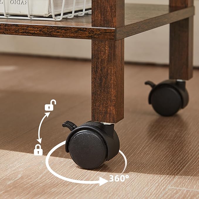 YUFAM 2 Tier Under Desk Printer Stand with Storage, Brown | Wooden Small Printer Table for Home Office, Rolling Printer Cart Shelf with Lockable Wheels