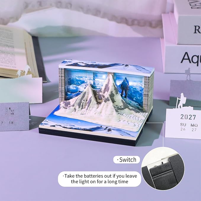 3D Time Piece Calendar, 2027 Desk Calendar With LED Light, 3d Tree Memo Pad Creative Desk Calendar, Christmas Gift for Colleague Friend, Desktop Decoration (Mount Everest)