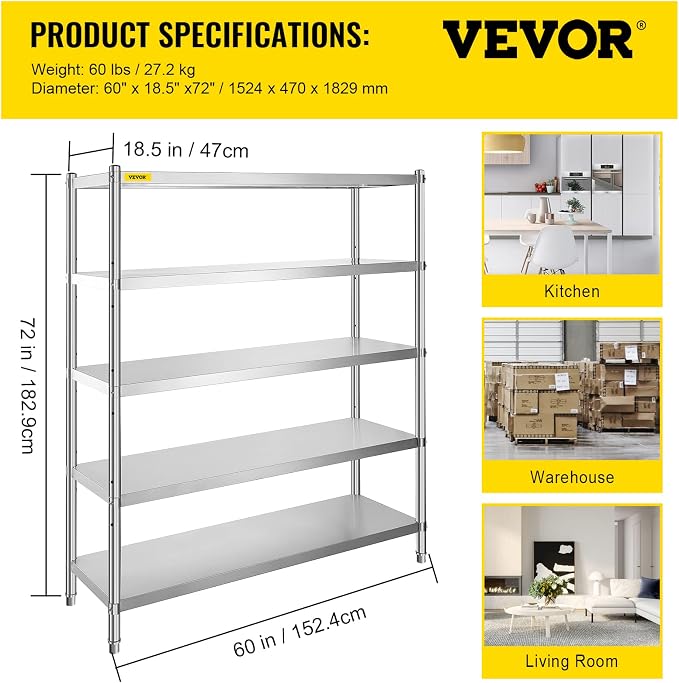 VEVOR Stainless Steel Shelving 60x18.5 Inch 5 Tier Adjustable Shelf Storage Unit Stainless Steel Heavy Duty Shelving for Kitchen Commercial Office Garage Storage 330lb Per Shelf