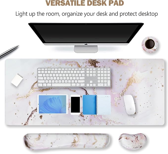 Large Gaming Mouse Pad, Keyboard Wrist Rest Pad & Wrist Support Mousepad Set, Stitched Edge, Extended, Non-Slip Base, Memory Foam,Multifunctional Desk Mat 4pcs for Office & Home, Pink Marble