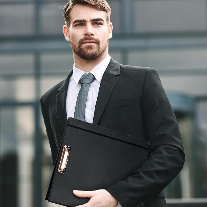 Eyrozill Professional Leather Portfolio with Clipboard, Zipper Pouch, 5 Sheets Plastic Dividers，Leather 3 Ring Binder 8.5 x 11, 2-inch Round Rings, Black