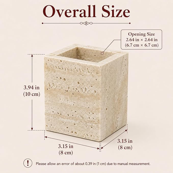 Natural Travertine Desk Organizer Pen Holder | Single Compartment Pencil Cup for Pens, Makeup Brushes, 3.15 x 3.15 x 3.94 in