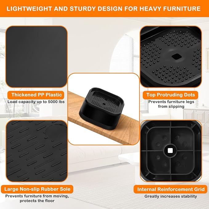 shouwuhho 16 Pack Furniture Risers Adjustable Bed Risers Heavy Duty Lifts Height 1", Square Stackable Bed Risers 1, 2 or 3 Inch for Desk Leg Table Couch Sofa Chair Bed Frame Legs Dorm, Black
