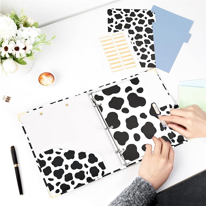 EYROZILL Mini 3 Ring Binder 1 Inch for 5.5" x 8.5" Paper with 5-Tab Dividers EYROZILL Cute Binders for School/Office Supplies and Home, Cow Print