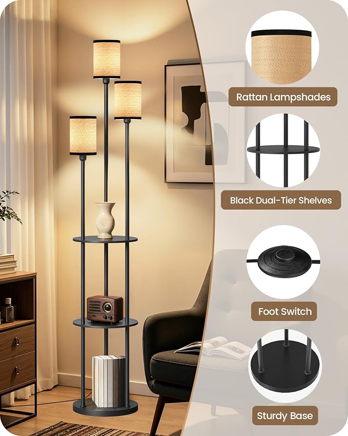 Floor Lamp with Shelves, for Living Room, 3-Light Standing Lamp | Modern Floor Lamp with Foot Switch, 3-Tier Shelf, 70.9" Tall Lamp, for Bedroom, Study, Office, Black and Yellow YB53LD05