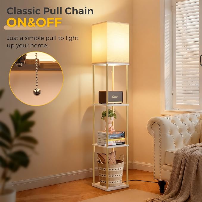 Floor Lamp with Shelves, 3-Tier Square Bookshelf Standing Lamp White & Gold | 3 Color Temperature Bulb Included, Pull Chain Mid Century Tall Lamp for Living Room Bedroom Corner Office Apartment Decor