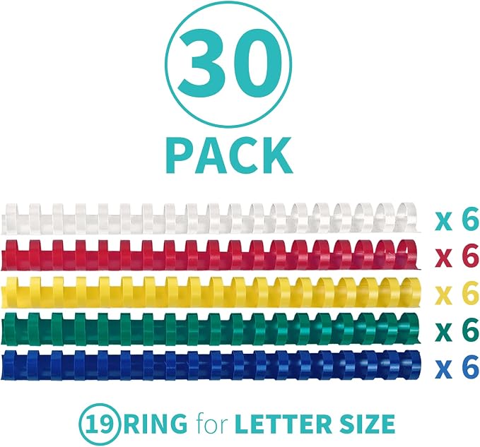 Binditek Plastic Binding Combs, 3/4 Inch, 19 Ring, Multi Color, 30 Pack | Plastic Binding Combs, 3/4 Inch Diameter, 150 Sheet Capacity, for Letter Size, Multi Color (White, Yellow, Red, Green, Blue)