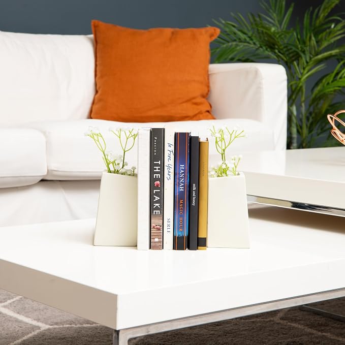 Mind Reader Cement Planter Bookends, Desk Decor and Indoor Plants, Set of 2, White