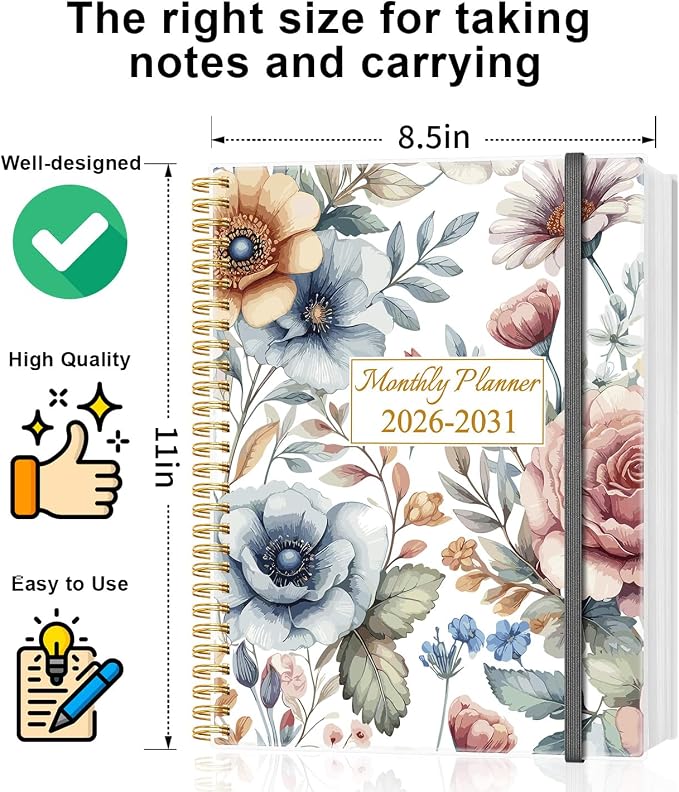 2026-2031 Monthly Planner - 60 Month PLanner Calendar from July 2026 to June 2031, 5 Year Planner 2026-2031 with Flexible Cover, Inner Pocket, Perfect for Home | School | Office, 8.5" x 11", Colorful Large Flower