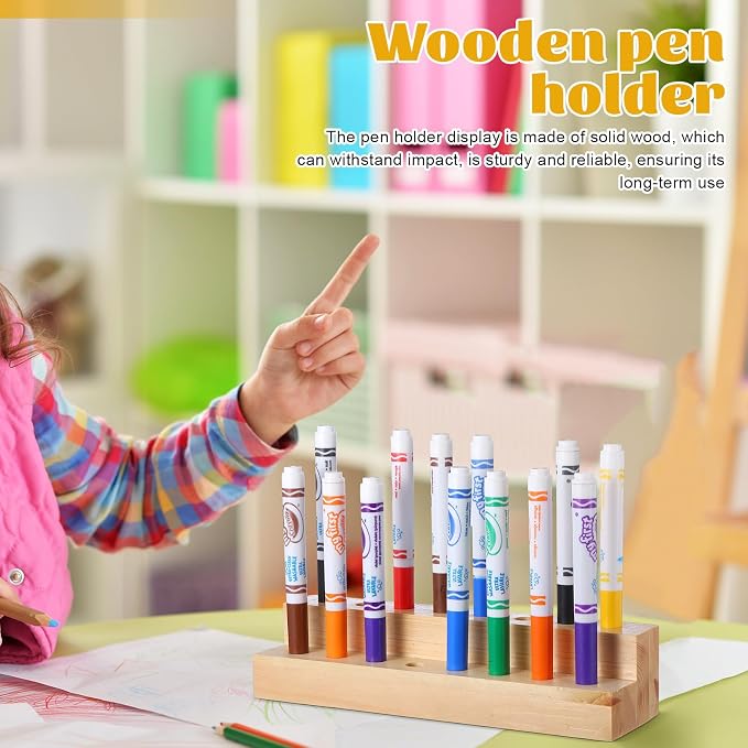 Cinnvoice Wooden Marker Stand Marker Pen Holder Storage Organizer for Classroom Display Stand Paint Brush Holder for Organization Storage Supplies(16 Holes)