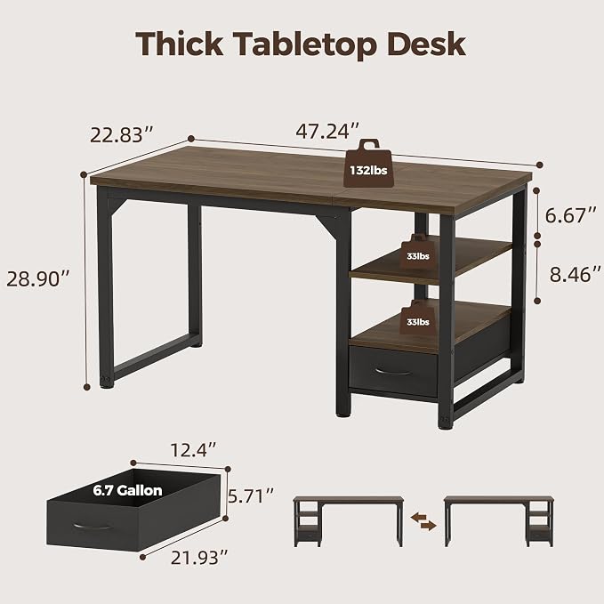 48 in Computer Desk with Drawer, 1" Thick Reversible Office Desk | Modern Writing Table with Storage Shelves, Heavy Duty Industrial Study Desk for Home Bedroom Work