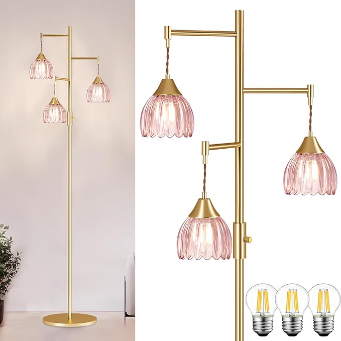 Shenmoyl Stepless Dimming Floor Lamps for Living Room, Bedroom, Gold Standing Lamp with 3pcs 6W Bulbs, Vintage Brass Floor Lamp for Corner, Nursery (Pink Tulip)