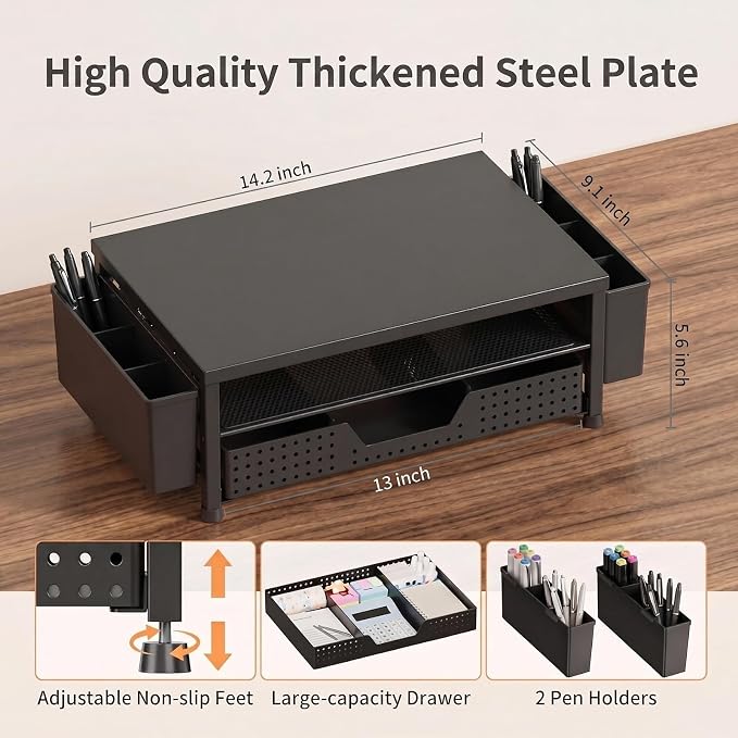 2-Tier Monitor Stand with Drawer, Metal Desk Riser, Black | Dual pen holders, storage shelf, keyboard space, home office, study desk, workspace organization