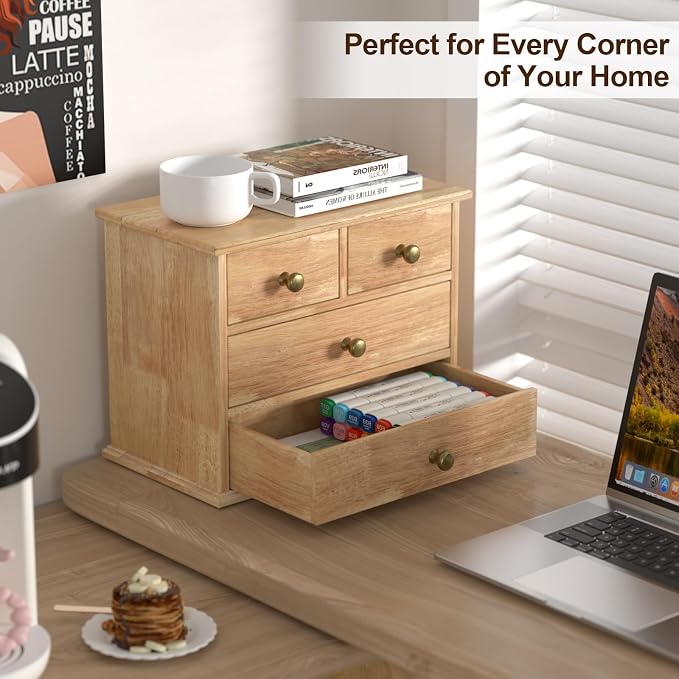 Oak Desk Organizer with Drawers, Durable Wooden Desktop Storage Box | 4 Drawer Tabletop Organizer with Metal Handle & Non-Slip Pad for Office, Bedroom, Bathroom, Vanity, Makeup, Light Burnt Brown