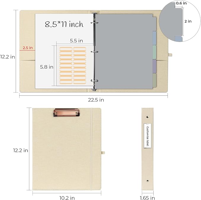 EYROZILL 3 Ring Binder, 1 Inch Linen Binder Organizer for Letter Size (8.5" x 11") with 5 Tab Dividers, File Folder Labels and Low Profile Clipboards, School and Office Supplies-Apricot