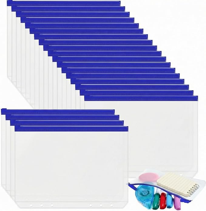 Zonon 30 Pcs A5 6 Rings Blue Zipper Binder Pouches Clear Binder Pockets with Zipper Folders Waterproof PVC Loose Leaf Bags Filling Bags for Pen Pencil Notebooks File Document