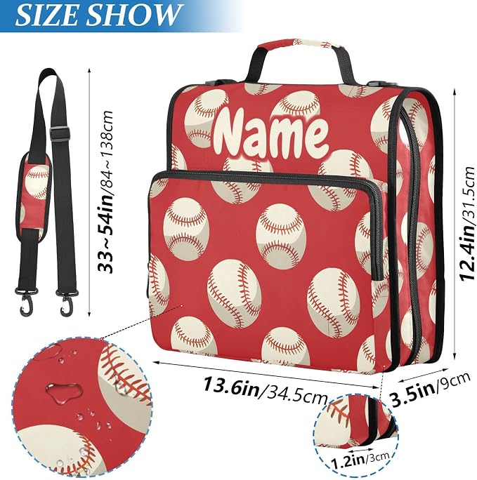 Custom Baseball Balls Red 3 Ring Binder Bag 1.5 inch Personalized Name Binder Organizer 500 Sheet Documents Storage for School Office