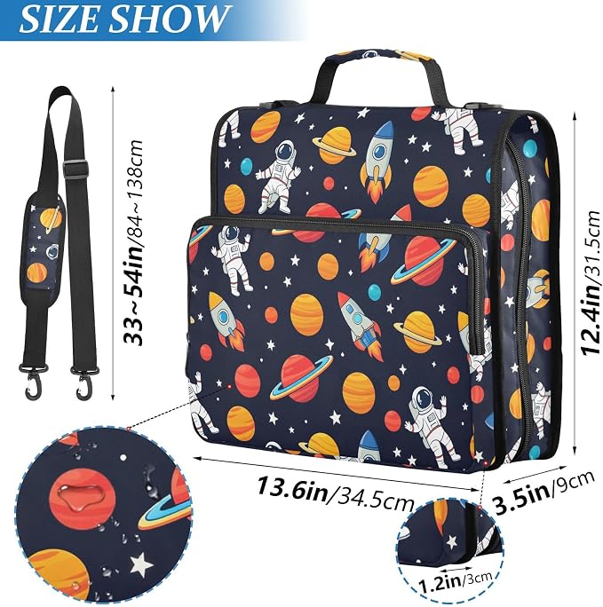 Aslsiy Zipper Binder Bag for Girls Boys Astronauts Rockets Planets Stars (4) Kids 2 inch 3-Ring Binder Organizer with Shoulder Strap for School Office Supplies