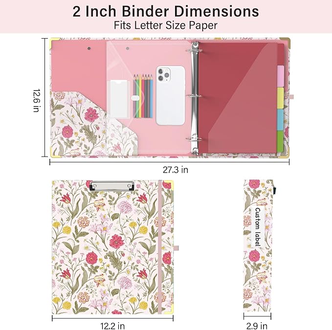 3 Ring Binder 2 Inch for Letter Size 8.5" x 11" Paper, Clipboard Binder with 5 Tabbed Dividers with Pockets, Plastic Folder and 40 Divider Stickers, School and Office Supplies, Pink Flowers