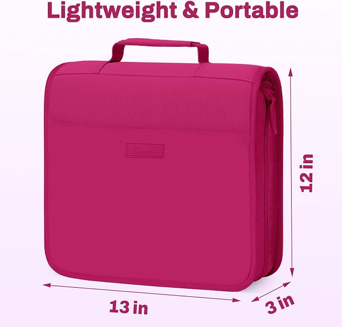 SUNEE Zipper Binder with Handle, 1.5 Inch O-Ring, 325 Pages Capacity, with 5-Tab Expanding File Folder for Classified Storage, Small Size Lightweight Zipper Bag for Middle School Students, Berry Pink