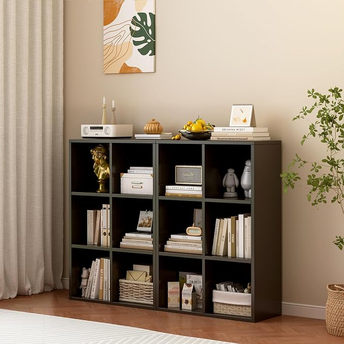 6-Cube Storage Shelf Bookcase, Black | Wooden 3-Tier Open Bookshelf, Fits 11×11" Bins, Vertical or Horizontal Use, Full Back Panels, For Home Office