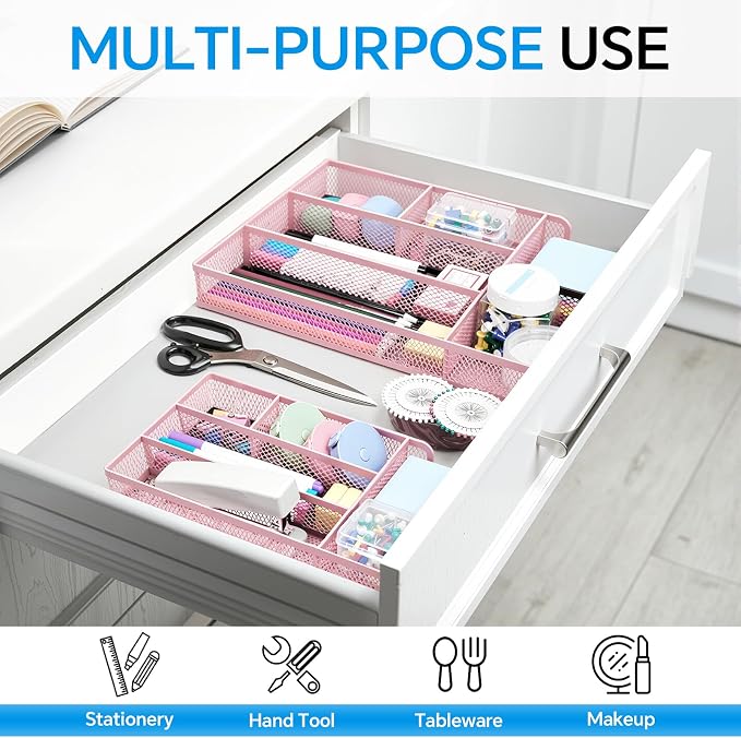 Desk Drawer Organizer, Office Drawer Divider Organizer Tray with 6 Compartments, Metal Mesh Desktop Organization and Accessories for Stationery Makeup Kitchen Toolroom School ＆Office (Large-Pink)