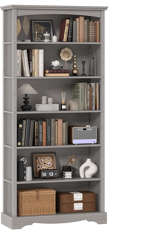 TVU 6-Tier Wooden Bookshelf, 76 Inch Tall Bookshelf with Storage, Floor Standing Modern Style Display Bookcase for Living Room, Office, Study Room, Entryway, Grey