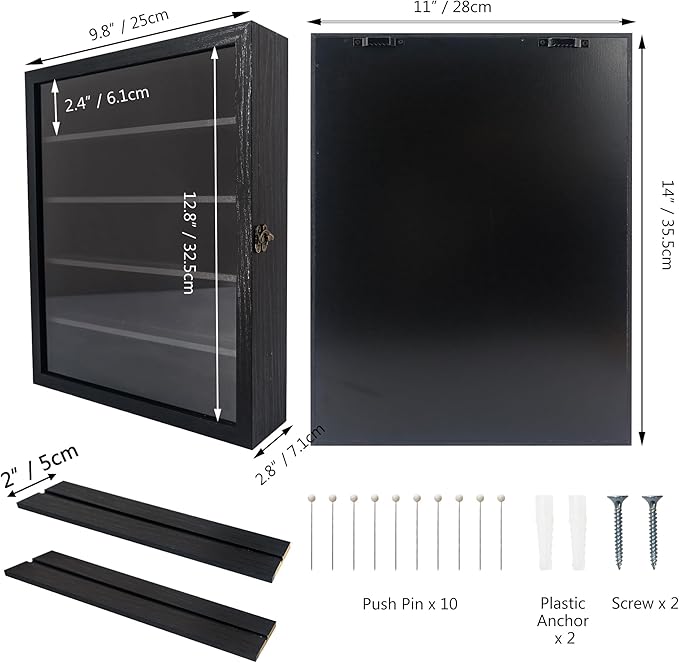 FramePro 11x14 Display Case with Adjustable Shelves Black, 4-Tier Memory Shadow Box for Wall, Deep Wooden Keepsake Display Shelf with Locking Door for Memorabilia, Photos, Medals, Wedding, Home Decor