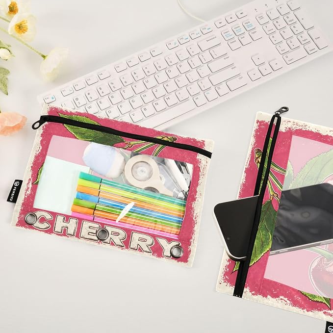 Red Cherry Print Pencil Pouch for 3 Ring Binder, 2 Pack Waterproof Pencil Bags Clear Window Pencil Case Zipper School Office Supplies