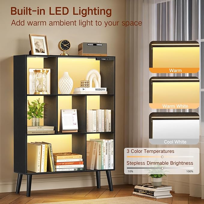 7-Cube Bookshelf with LED Lights, Touch & Remote Control, Freestanding Open Bookcase Storage Shelf, Dimmable Modern Wooden Display Organizer with Legs for Living Room, Bedroom, Office(Black)