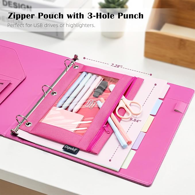 Ospelelf Glitter Leather Clipboard Binder 1 Inch, Magnetic Clipboard Folio Organizer with 5 Pocket Dividers & Zipper Pouch, Cute 3 Ring Document Organizer Binder for Office, Glitter Pink