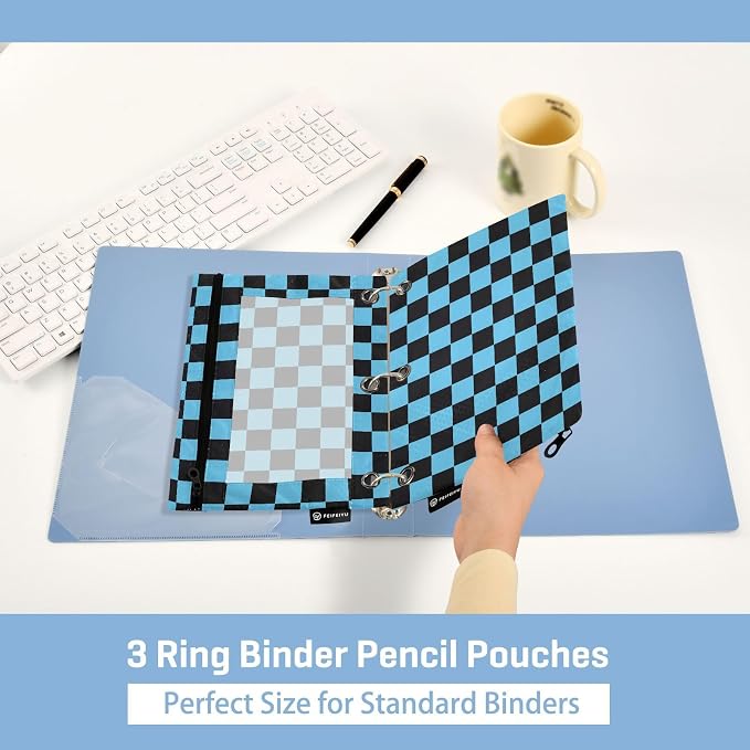 Black Blue Checkered Pattern Pencil Pouch for 3 Ring Binder, 2 Pack Waterproof Pencil Bags Clear Window Pencil Case Zipper School Office Supplies