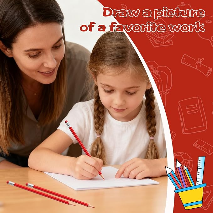 24PCS Erasable Colored Pencils with Eraser Pre Sharpened Pencil 2 HB - Ideal for Checking, Grading, Tests & Office/School Supplies (Red)