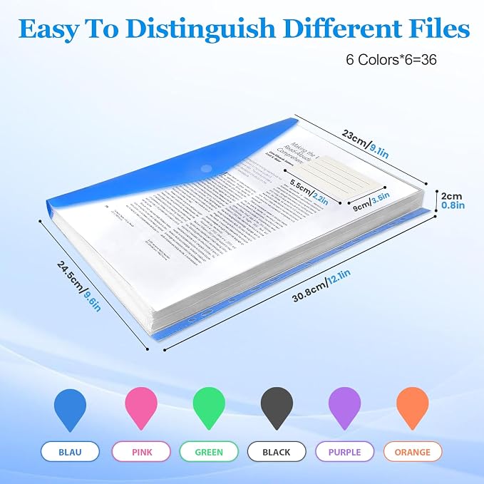 36 Pack Binder Folders with Pockets 11 Holes Expandable Dividers for 2/3/4 Ring Document Pouch with Label Loose-Leaf Transparent Binder Organizer for School Home Office