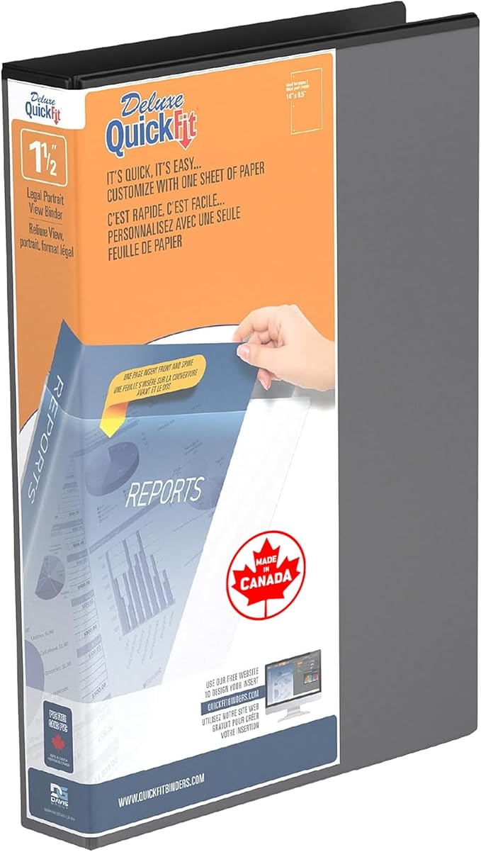 QuickFit Single Heavy-Duty 8 1/2" x 14" Portrait Legal Binder, 3-Ring Binder, D Ring, Made in Canada, 1.5 Inches