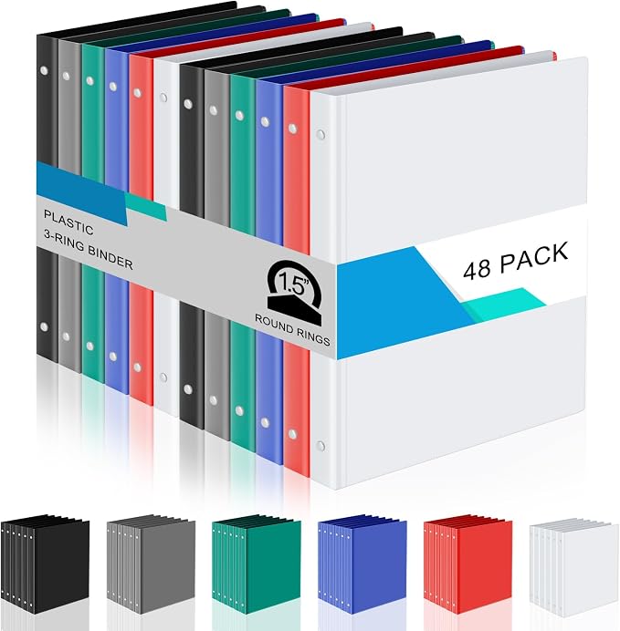 Fulmoon 48 Pack 3 Ring Plastic Binders 1.5 Inch Bulk with 2 Pockets, Flexible Binder Loose Leaf Hardcover, Fit 12" x 10" US Letter Size Paper, for School Office Home, 6 Colors(Classic)