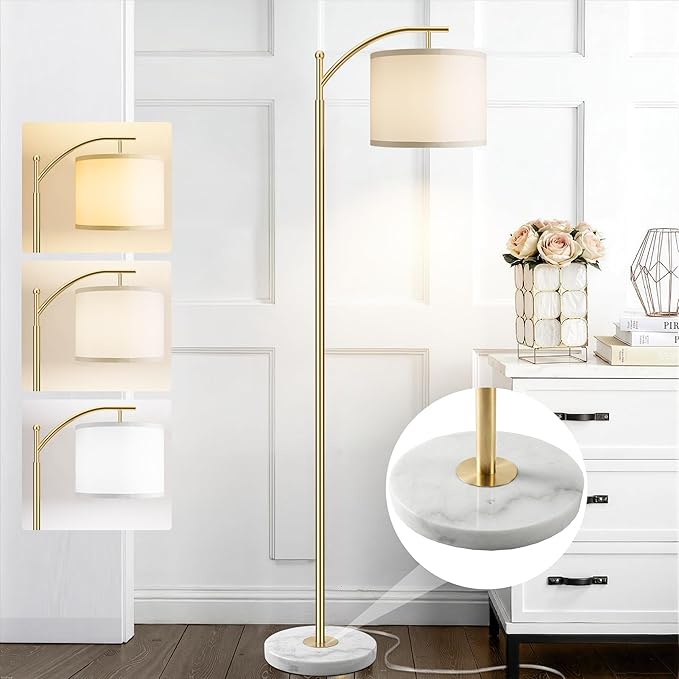 ROTTOGOON Gold Floor Lamp for Living Room with Marble Base, Modern Standing Lamp with 3 Color Temperatures Bulb & Adjustable Linen Shade, Tall Lamp for Bedroom Office Reading Nursery