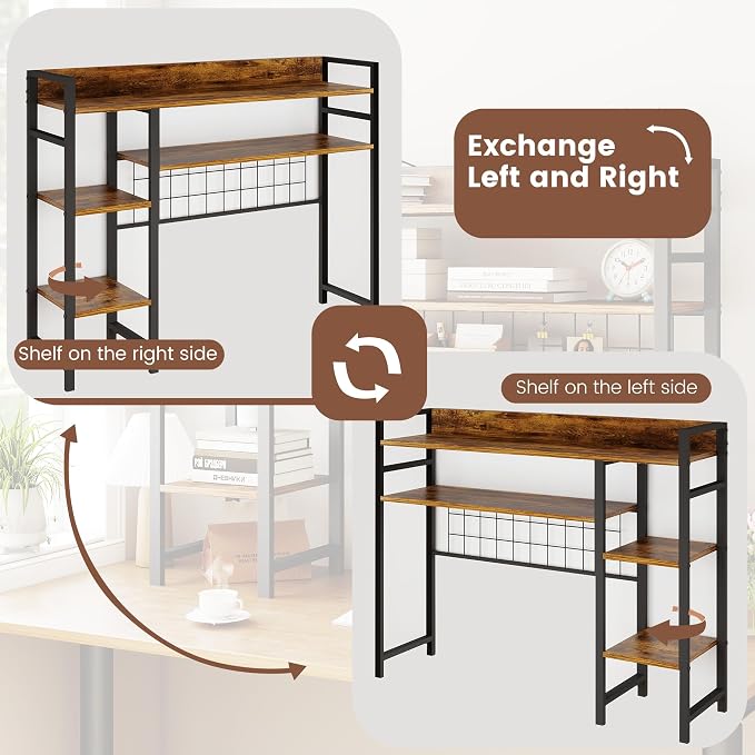 WAYTRIM Desk Shelf, Wood Desk Organizer Shelf 4 Tier Countertop Desktop Bookshelf Cubicle Storage Rack Top of Desk, Desk Hutch Dorm for Top of Desk Pegboard Hooks Set Desktop Display Rack (Brown)