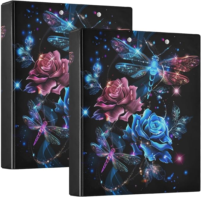 3 Ring Binder, Colorful Dragonflies Red Roses File Folder Holds 200 Sheets File Storage for Women Men School Office Supplie