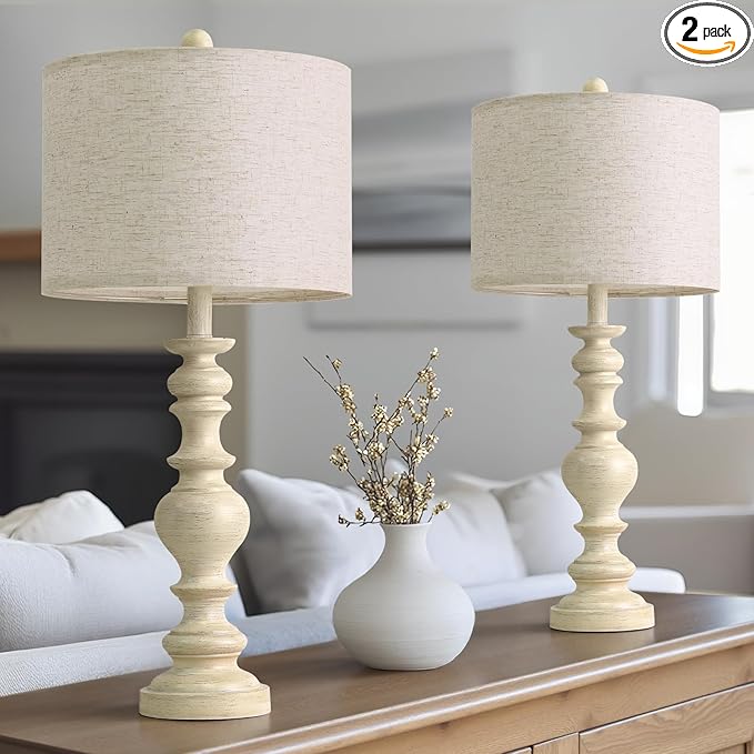 BOBOMOMO 27" Antique White Table Lamps Set of 2, Large Vintage Resin Lamps with Linen Shades, Farmhouse White Lamps for Bedroom, Living Room, or Console Table Elegant Home Décor