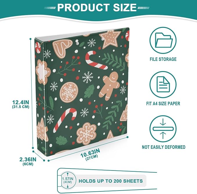 Christmas Gingerbread Snowflakes 3 Ring Binder with 2 Interior Pockets 1.5 inch Binders 3 Ring Heavy Duty Fit 8.5" x 11" Letter Size for Office School, 2 Pack