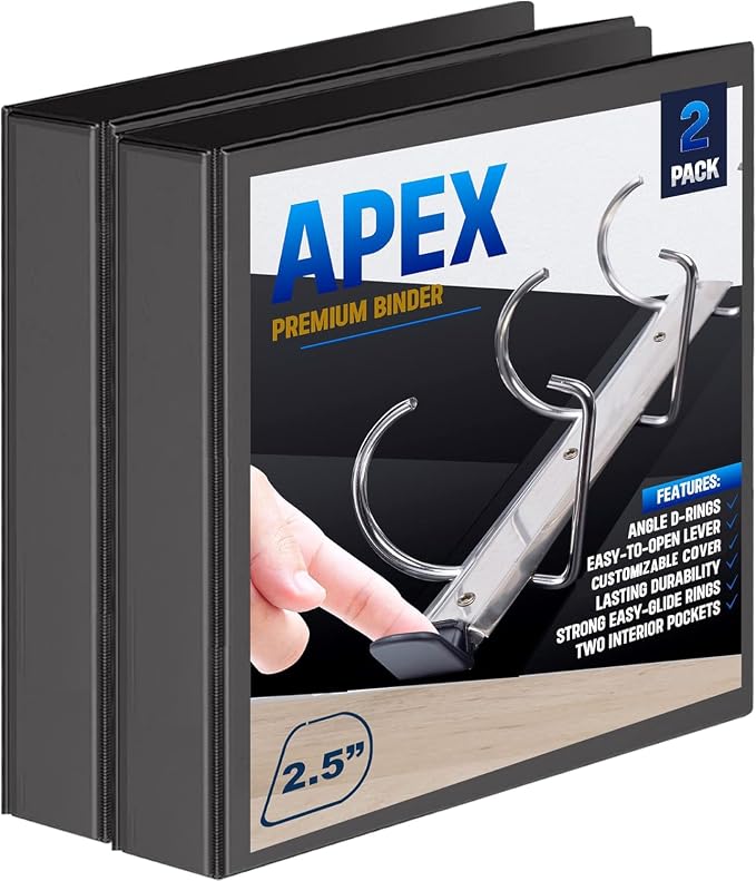 2 Pack of 2.5” Smooth Opening Angle D-Ring View Black Binders, Professional Presentation Folder for Standard Pages with Inside Pockets, and Customizable Clear View Binder PVC-Free