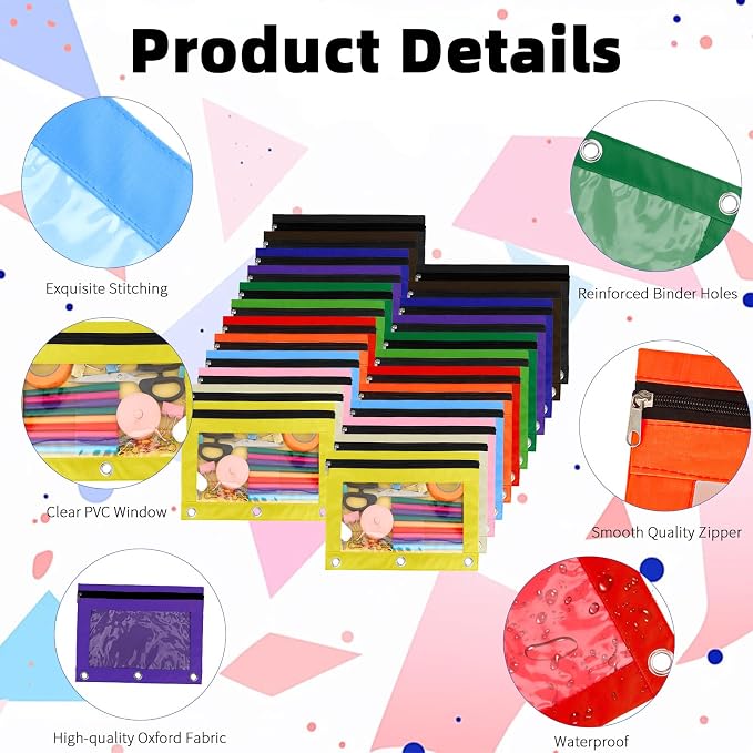 Pencil Pouch for 3 Ring Binder, 24 Pack Pencil Bags with Zipper, Large Capacity Pencil Case for Binder Assorted Color Pencil Case Pouch with Clear Window and Grommets Pencil Pocket for Office Supplies