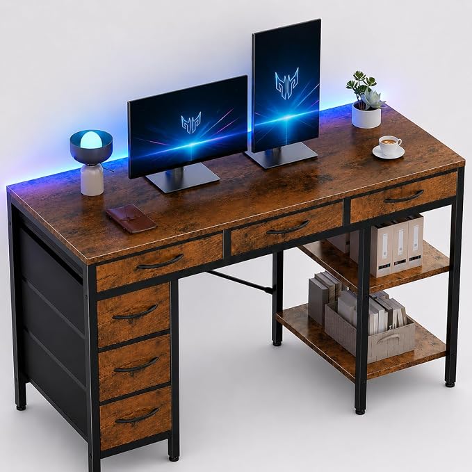 Simple Deluxe Computer Desk with 6 Drawers, 55 Inch Office Workstation with Storage Shelves, Reversible Corner Gaming Table, Home Office Study Desk with Fabric Organizer, Rustic Brown
