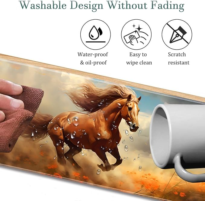 Extended Gaming Mouse Pad 31.5" x 11.8", with Edge Stitching, Non-Slip Rubber Base Keyboard Pad, Suitable for Work, Game, Office, Home and Coasters, Running Horse